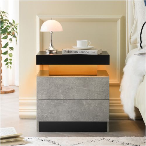 Table De Chevet LED, Table De Chevet Moderne Avec 2 Tiroirs Et Niche, Gris