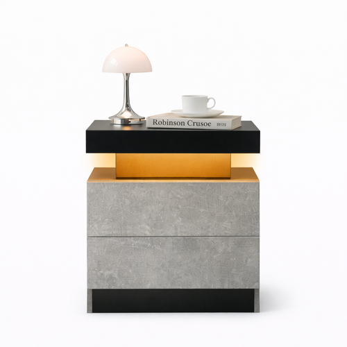 Table De Chevet LED, Table De Chevet Moderne Avec 2 Tiroirs Et Niche, Gris