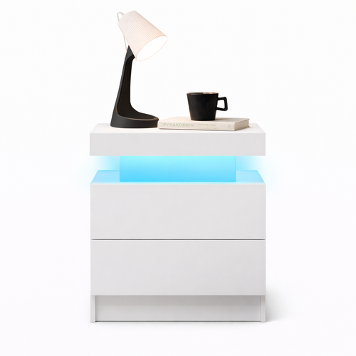 Table De Chevet LED Avec 2 Tiroirs Et Niche Ouverte, Blanc