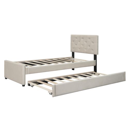 Lit Enfant 90x200 Cm, Avec Sommier à Lattes Et Lit Gigogne 90x190 Cm, En Tissu, Beige