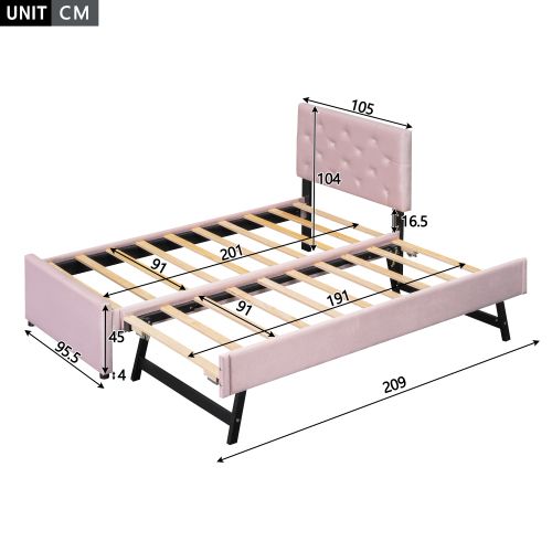Lit Enfant 90x200 Cm Avec Lit Gigogne 90x190 Cm, Tête De Lit Capitonnée, En Velours, Rose