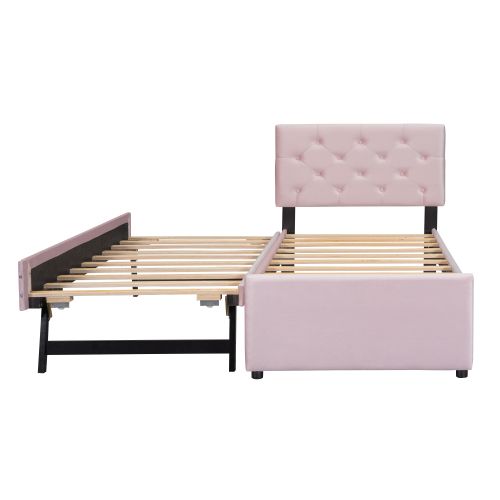 Lit Enfant 90x200 Cm Avec Lit Gigogne 90x190 Cm, Tête De Lit Capitonnée, En Velours, Rose