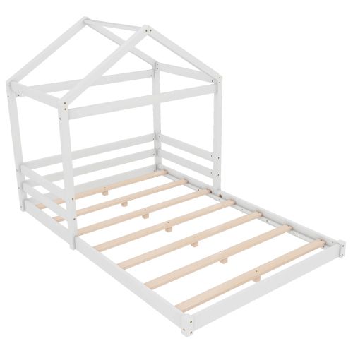 Lit Cabane 140x200 Cm, Lit Enfant Avec Sommier à Lattes, En Bois, Blanc