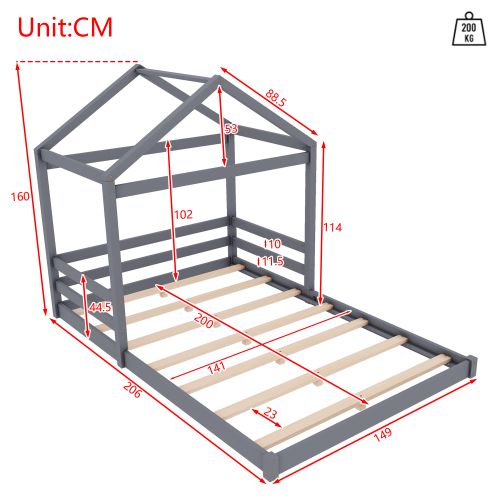 Lit Cabane 140x200 Cm, Lit Enfant Avec Sommier à Lattes, En Bois, Gris