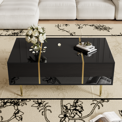 Table Basse Rectangulaire Noire Haut Brillant Avec 2 Tiroirs