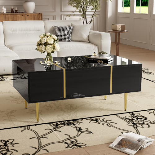 Table Basse Rectangulaire Noire Haut Brillant Avec 2 Tiroirs