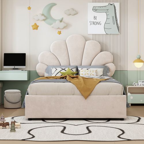 Lit Coffre 90x200 Cm, Tête De Lit Capitonnée Florale, Avec Sommier à Lattes, En Velours, Beige