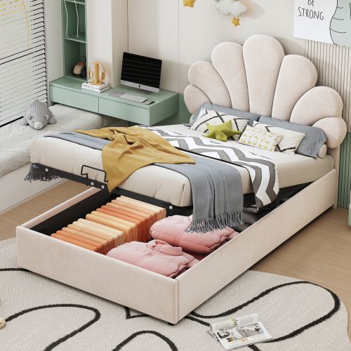 Lit Coffre 90x200 Cm, Tête De Lit Capitonnée Florale, Avec Sommier à Lattes, En Velours, Beige