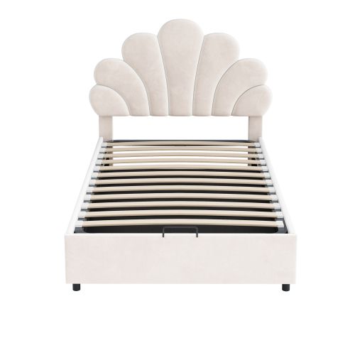 Lit Coffre 90x200 Cm, Tête De Lit Capitonnée Florale, Avec Sommier à Lattes, En Velours, Beige