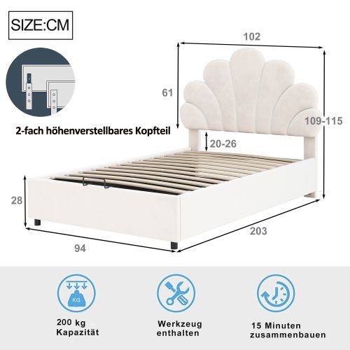Lit Coffre 90x200 Cm, Tête De Lit Capitonnée Florale, Avec Sommier à Lattes, En Velours, Beige