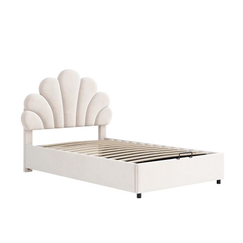 Lit Coffre 90x200 Cm, Tête De Lit Capitonnée Florale, Avec Sommier à Lattes, En Velours, Beige