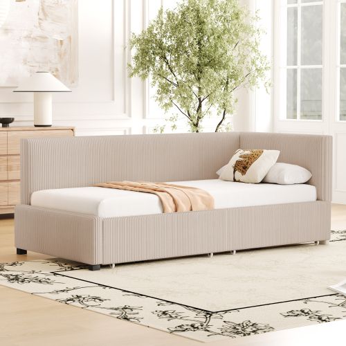 Lit Enfant 90x200 Cm, Avec 2 Tiroirs Et Lattes, Avec Tête De Lit, En Velours, Beige