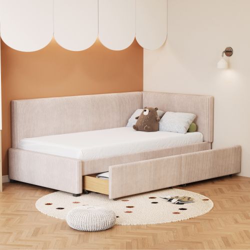 Lit Enfant 90x200 Cm, Avec 2 Tiroirs Et Lattes, Avec Tête De Lit, En Velours, Beige