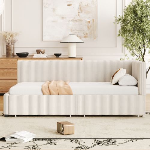 Lit Enfant 90x200 Cm, Avec 2 Tiroirs Et Lattes, Avec Tête De Lit, En Velours, Beige