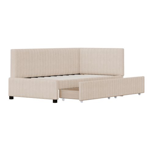 Lit Enfant 90x200 Cm, Avec 2 Tiroirs Et Lattes, Avec Tête De Lit, En Velours, Beige