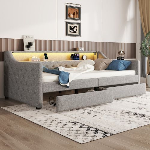 Lit Enfant 90x200 Cm, Avec 2 Tiroirs Et Sommier à Lattes, LED Télécommandée, En Lin, Gris