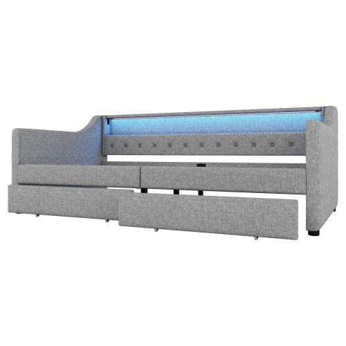 Lit Enfant 90x200 Cm, Avec 2 Tiroirs Et Sommier à Lattes, LED Télécommandée, En Lin, Gris