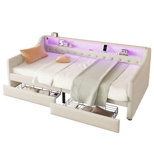 Lit Enfant 90x200 Cm, Avec 2 Tiroirs Et Sommier à Lattes, LED Télécommandée, En Lin, Beige