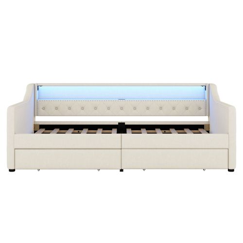 Lit Enfant 90x200 Cm, Avec 2 Tiroirs Et Sommier à Lattes, LED Télécommandée, En Lin, Beige