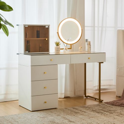 Coiffeuse Avec Miroir LED Et Plateau En Verre, Blanc, 120x45x115 Cm