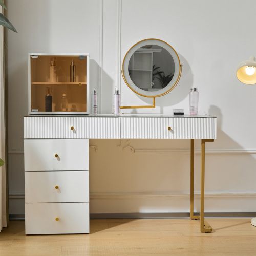 Coiffeuse Avec Miroir LED Et Plateau En Verre, Blanc, 120x45x115 Cm
