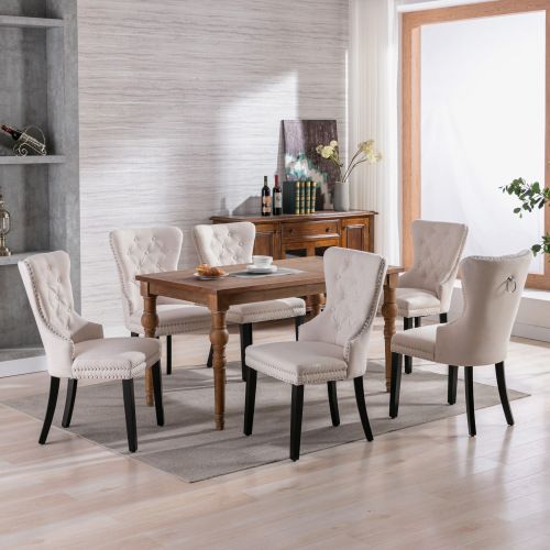 Lot De 2 Chaises De Salle à Manger En Lin Capitonné Avec Clous, Pieds En Bois D'hévéa, Beige