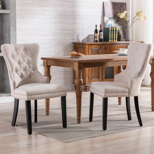 Lot De 2 Chaises De Salle à Manger En Lin Capitonné Avec Clous, Pieds En Bois D'hévéa, Beige