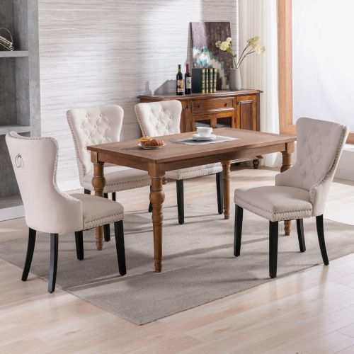 Lot De 2 Chaises De Salle à Manger En Lin Capitonné Avec Clous, Pieds En Bois D'hévéa, Beige