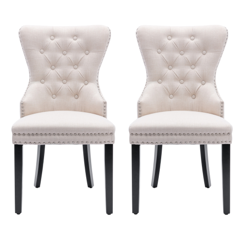 Lot De 2 Chaises De Salle à Manger En Lin Capitonné Avec Clous, Pieds En Bois D'hévéa, Beige