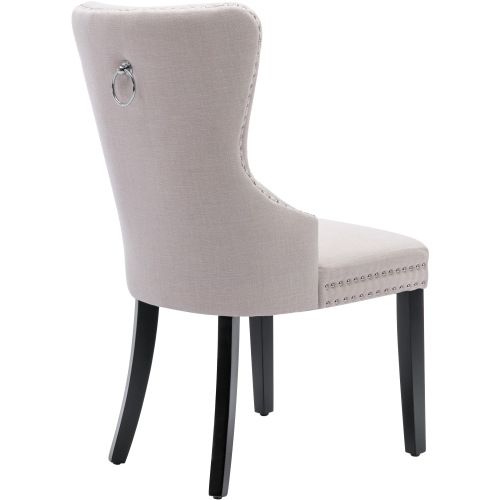 Lot De 2 Chaises De Salle à Manger En Lin Capitonné Avec Clous, Pieds En Bois D'hévéa, Beige