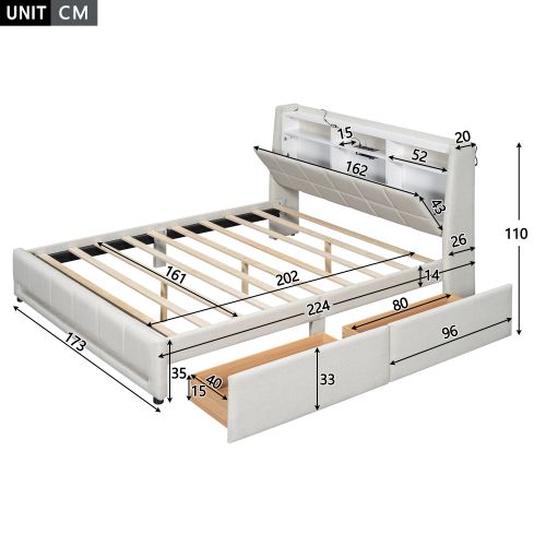 Lit Adulte 160x200 Cm, Avec 2 Tiroirs Et Tête De Lit De Rangement LED, En Lin, Beige