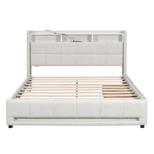 Lit Adulte 160x200 Cm, Avec 2 Tiroirs Et Tête De Lit De Rangement LED, En Lin, Beige