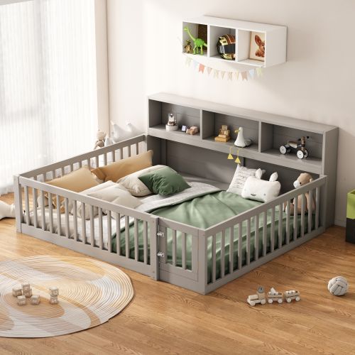 Lit Enfant 140x200 Cm, Rangement Latéral Et Sommier à Lattes, En Bois, Gris