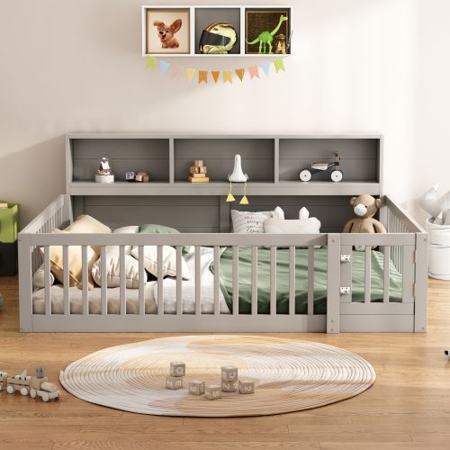 Lit Enfant 140x200 Cm, Rangement Latéral Et Sommier à Lattes, En Bois, Gris