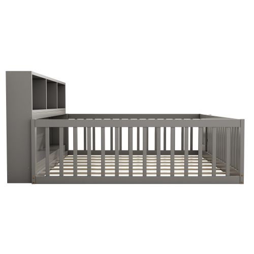 Lit Enfant 140x200 Cm, Rangement Latéral Et Sommier à Lattes, En Bois, Gris