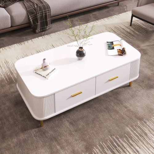 Table Basse Arrondi Blanche Avec Côtés Ondulés Et 4 Tiroirs