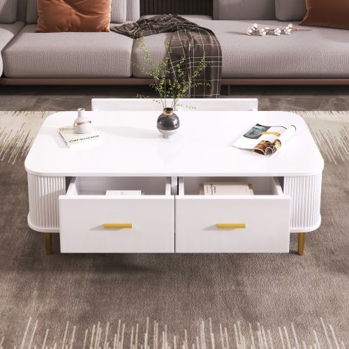 Table Basse Arrondi Blanche Avec Côtés Ondulés Et 4 Tiroirs