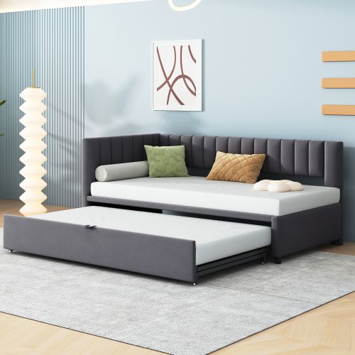 Lit Gigogne 90x200 Cm, Convertible En Lit 180 Cm, En Velours Gris