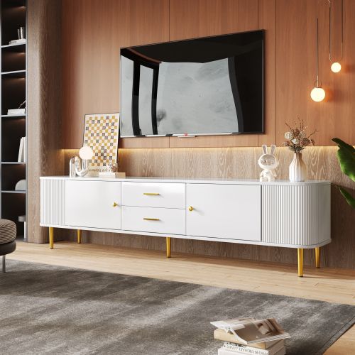 Meuble TV Blanc De 170 Cm, Mat, Avec 2 Portes, 2 Tiroirs