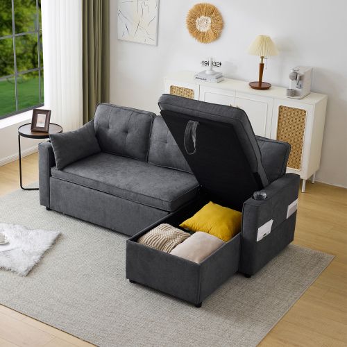 Canapé D'angle Convertible 3 Places Avec Rangement Et Porte-gobelets Réversible