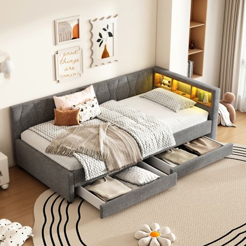 Lit Enfant 90x200 Cm, Tête De Lit De Rangement à LED Et 2 Tiroirs, Avec Lattes, En Lin, Gris