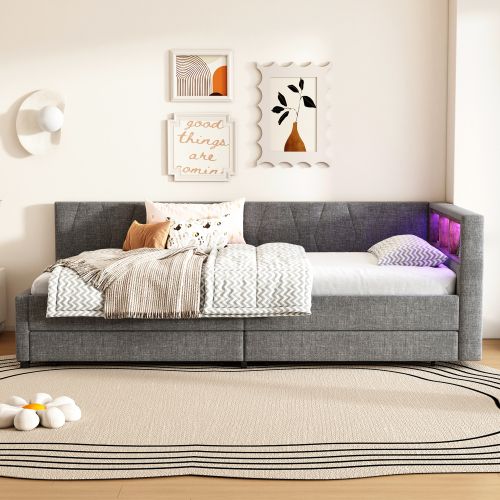 Lit Enfant 90x200 Cm, Tête De Lit De Rangement à LED Et 2 Tiroirs, Avec Lattes, En Lin, Gris