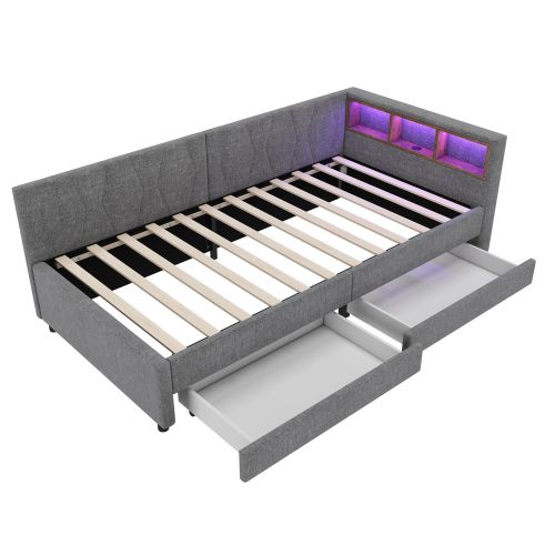 Lit Enfant 90x200 Cm, Tête De Lit De Rangement à LED Et 2 Tiroirs, Avec Lattes, En Lin, Gris