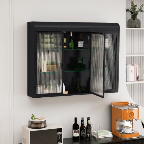 Armoire Murale Noire Avec 3 Portes En Verre Arqué Pour Cuisine, Salon Salle De Bain