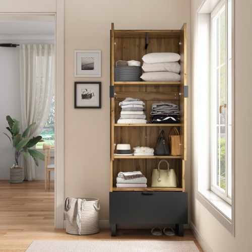 Vestiaire D’entrée Avec Tringle, 3 Étagères, Niche Ouverte, Tiroir Et Rangement Chaussures, Naturel