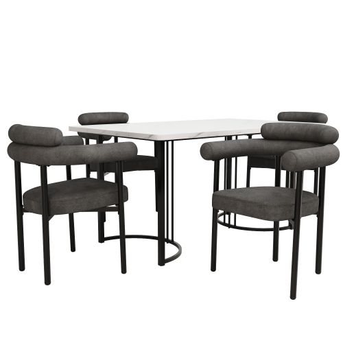 Ensemble Table Et Chaises, Table à Manger 140x80x75cm Avec Pieds Métal Et 4 Chaises En Velours Gris