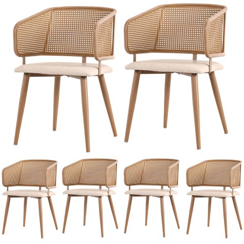 Lot De 6 Chaises De Salle à Manger, Dossier Rotin Respirant, Pieds Métal, Beige Et Marron