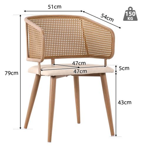 Lot De 6 Chaises De Salle à Manger, Dossier Rotin Respirant, Pieds Métal, Beige Et Marron