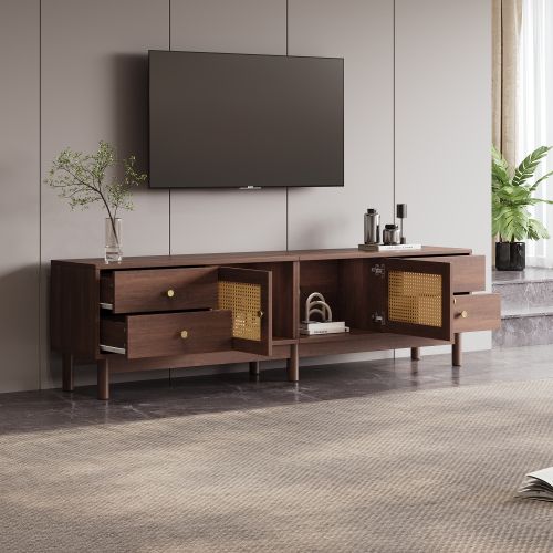 Meuble TV 180 Cm Avec 2 Portes En Rotin, 4 Tiroirs, Couleur Bois