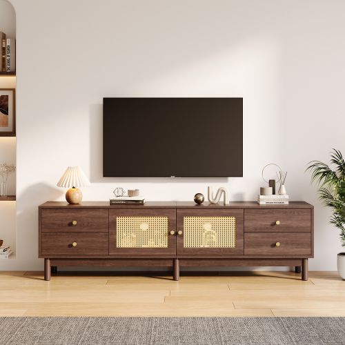 Meuble TV 180 Cm Avec 2 Portes En Rotin, 4 Tiroirs, Couleur Bois